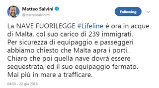 Lifeline, Salvini: 'Nave fuorilegge è nelle acque di Malta'