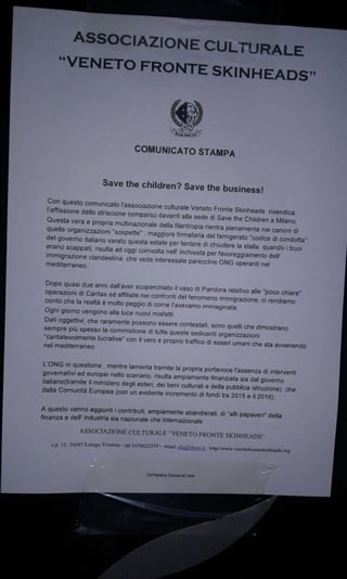 Save the Children: atto dimostrativo di Skinheads veneti alla sua sede di Milano